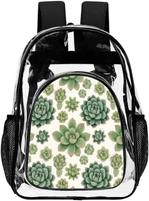Men Women Lightweight Green Cactus Succulent Flowers Art Casual Daypack Big Capacity Bookbag Transparent Bag for Gym Travel Walking Cycling