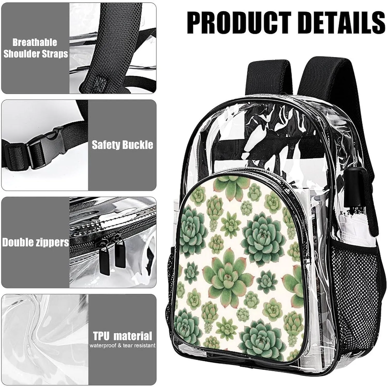Men Women Lightweight Green Cactus Succulent Flowers Art Casual Daypack Big Capacity Bookbag Transparent Bag for Gym Travel Walking Cycling