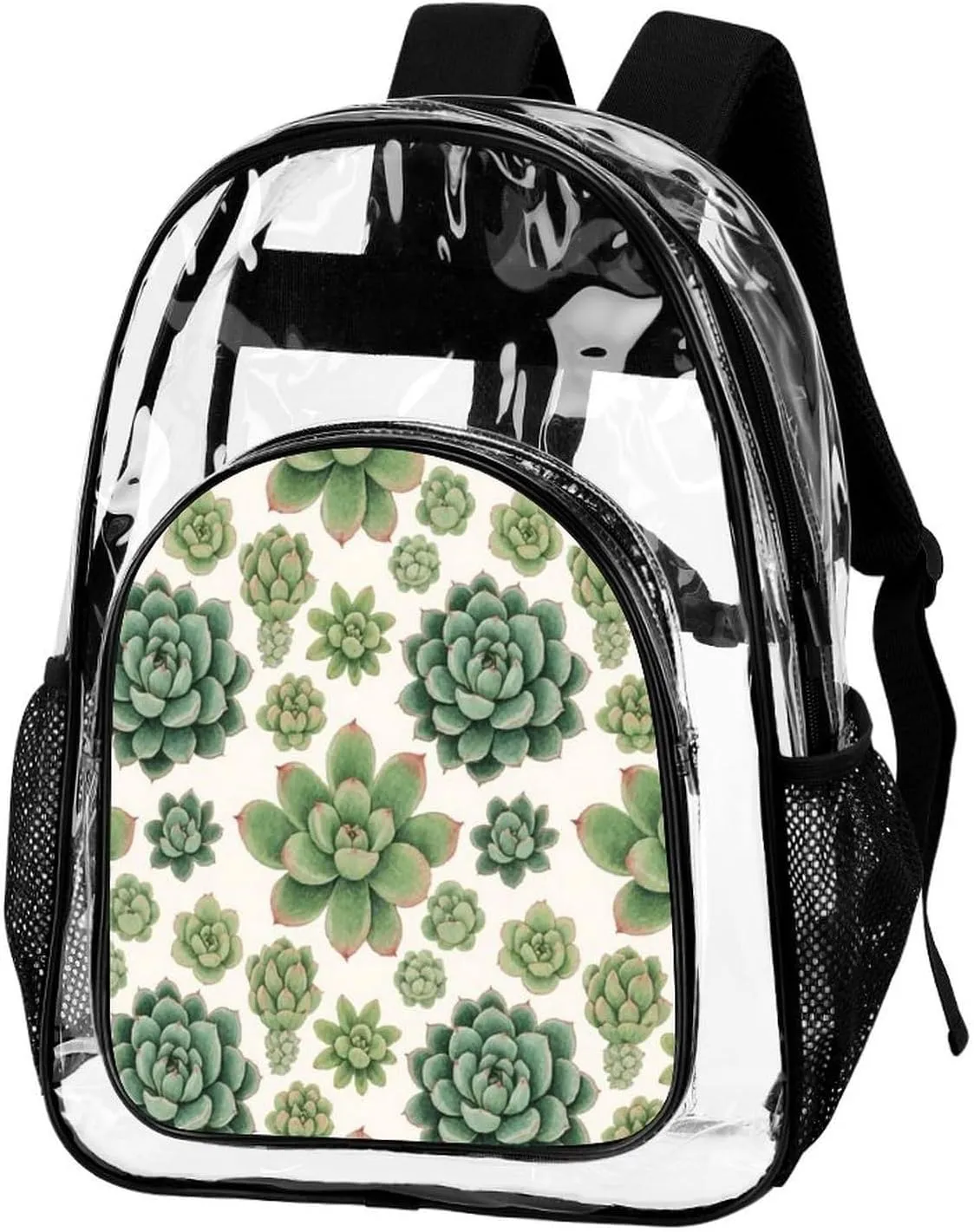 Men Women Lightweight Green Cactus Succulent Flowers Art Casual Daypack Big Capacity Bookbag Transparent Bag for Gym Travel Walking Cycling