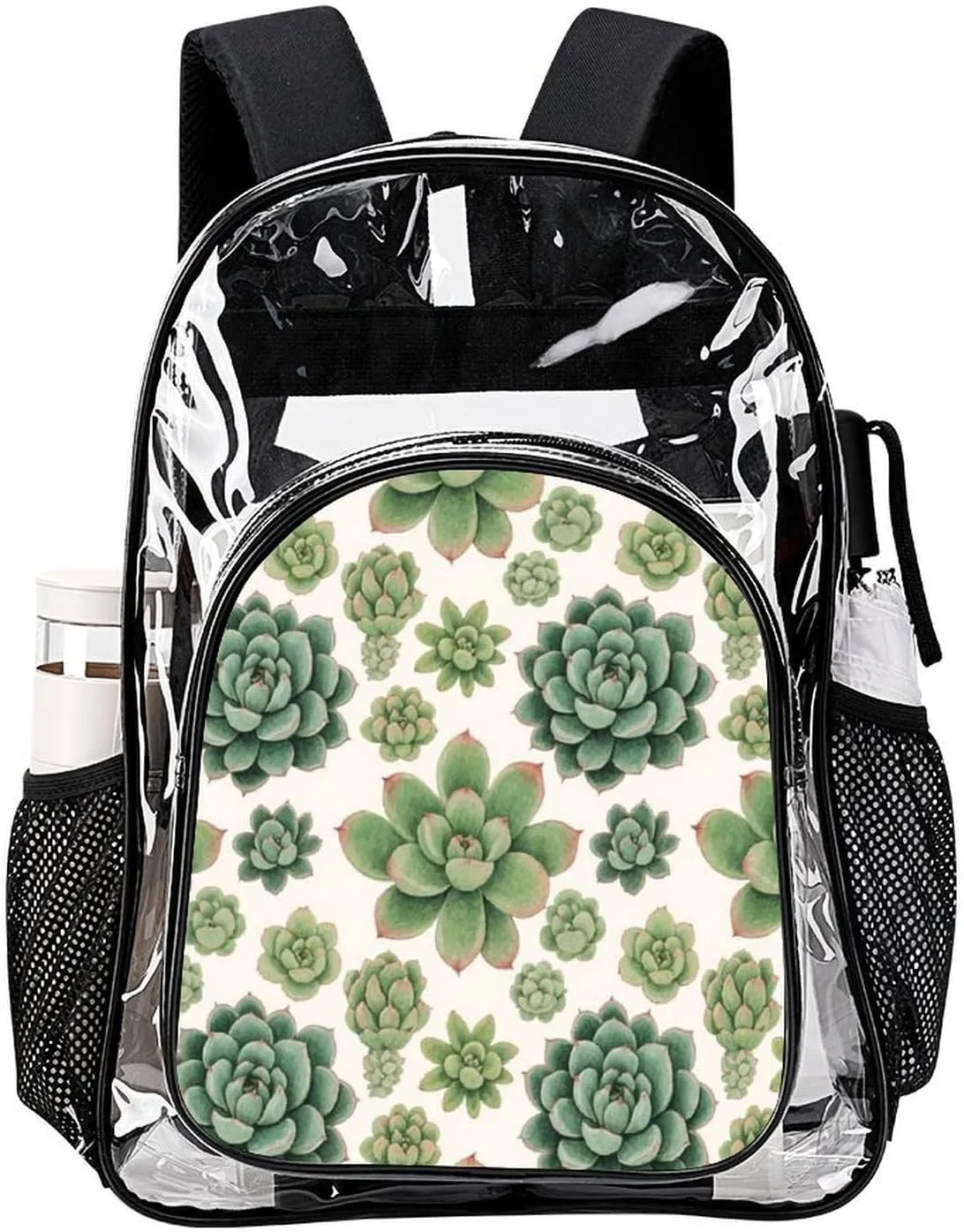 Men Women Lightweight Green Cactus Succulent Flowers Art Casual Daypack Big Capacity Bookbag Transparent Bag for Gym Travel Walking Cycling