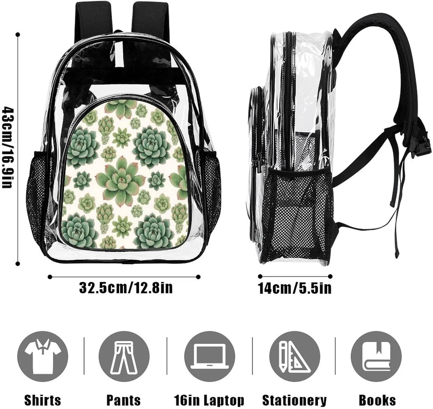 Men Women Lightweight Green Cactus Succulent Flowers Art Casual Daypack Big Capacity Bookbag Transparent Bag for Gym Travel Walking Cycling
