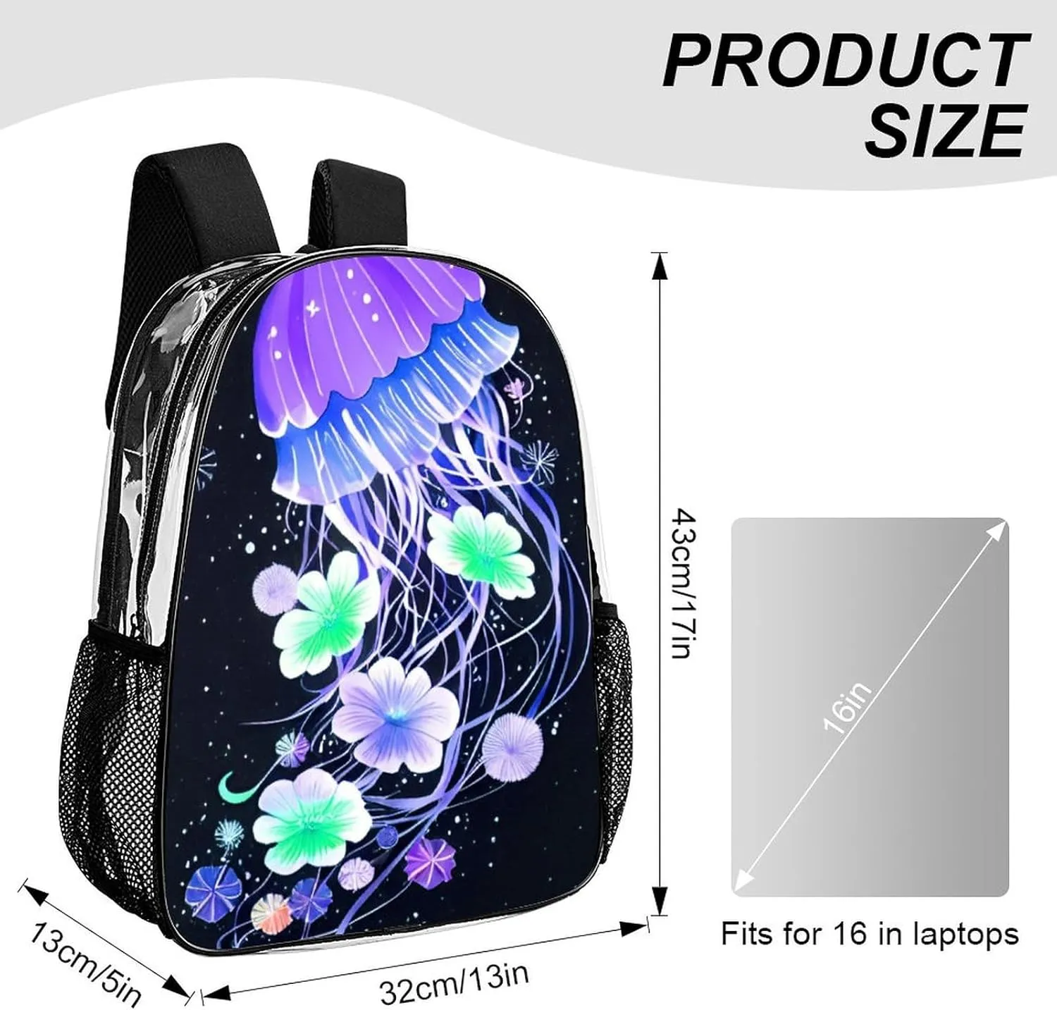 Men Women Lightweight Magic Flowers Ocean The Jellyfish Pattern Backpack Large Capacity Bookbag Transparent Bag for Gym Business Running