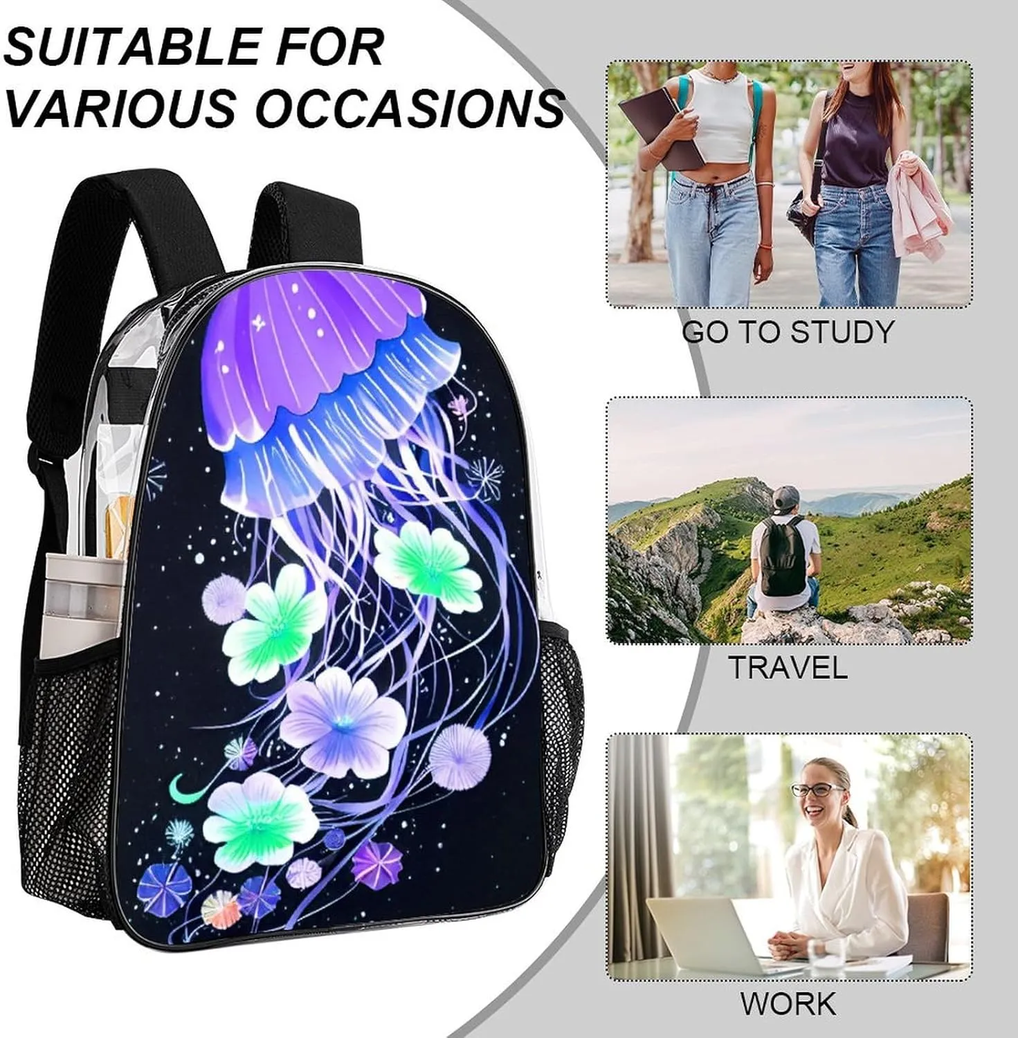 Men Women Lightweight Magic Flowers Ocean The Jellyfish Pattern Backpack Large Capacity Bookbag Transparent Bag for Gym Business Running