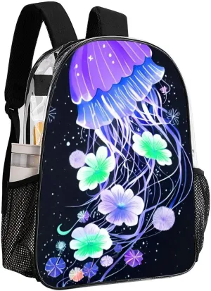 Men Women Lightweight Magic Flowers Ocean The Jellyfish Pattern Backpack Large Capacity Bookbag Transparent Bag for Gym Business Running