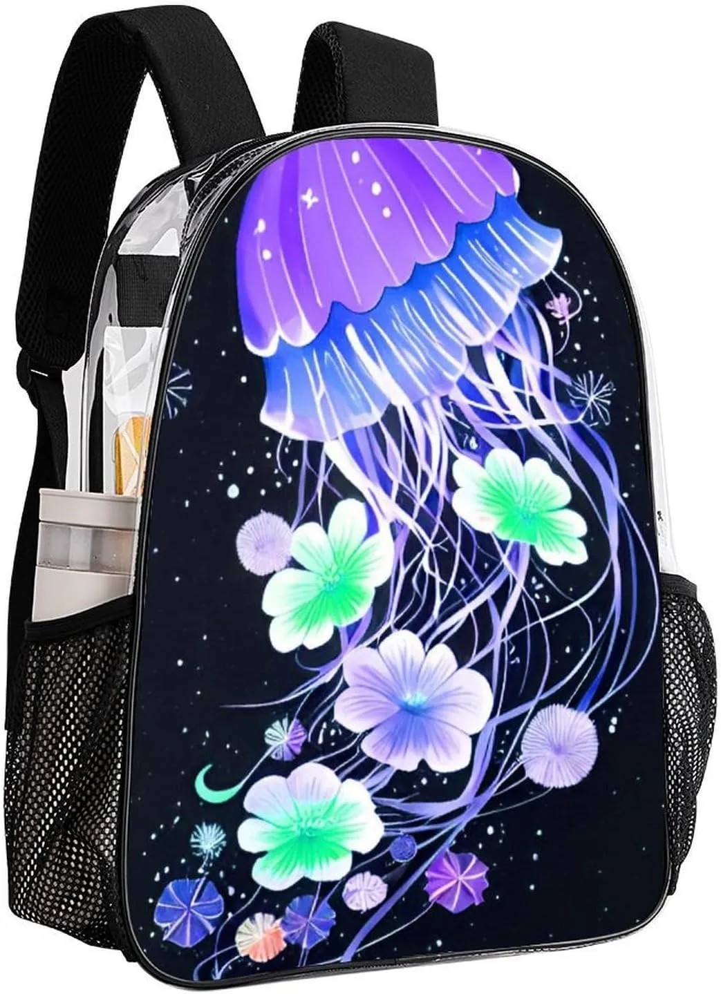 Men Women Lightweight Magic Flowers Ocean The Jellyfish Pattern Backpack Large Capacity Bookbag Transparent Bag for Gym Business Running