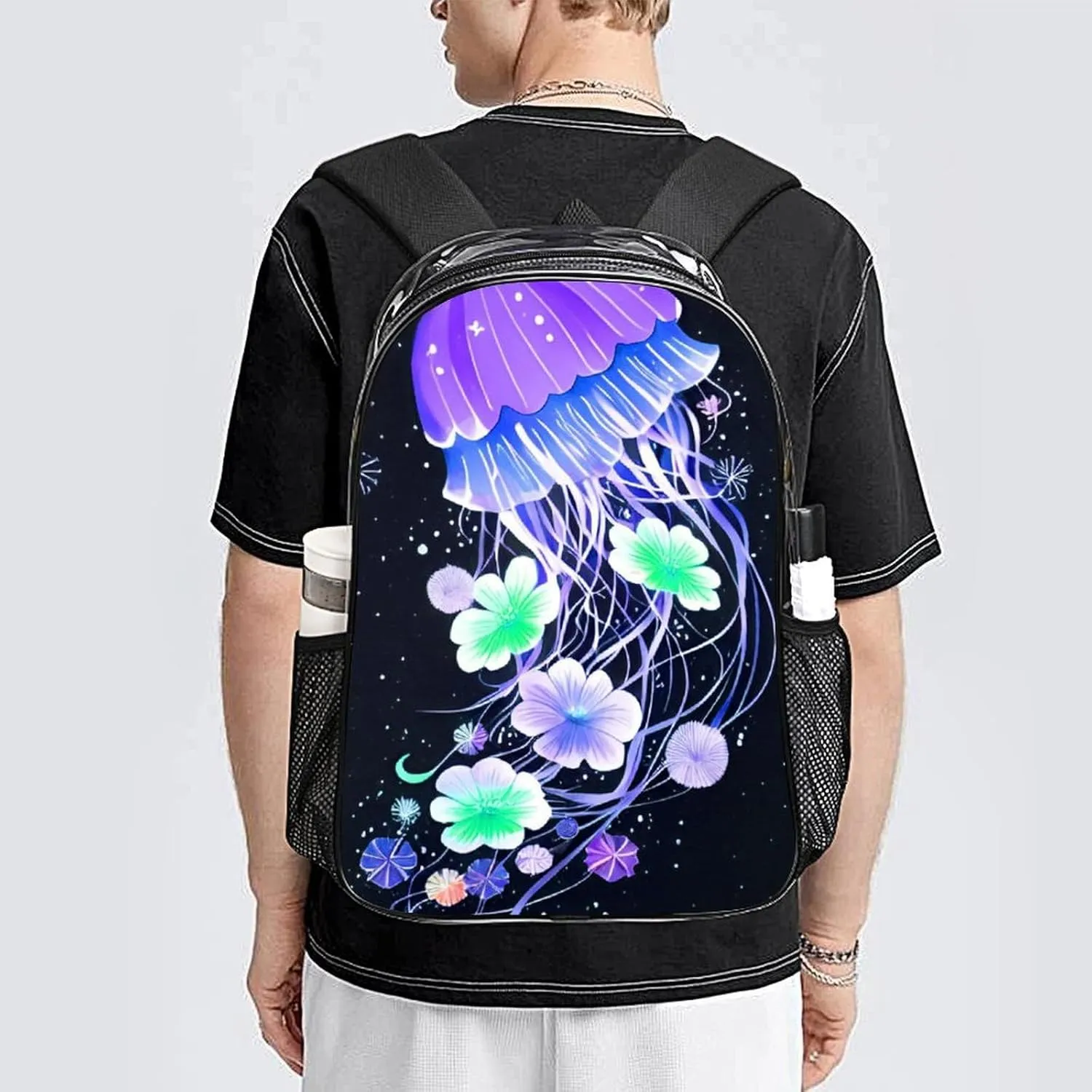 Men Women Lightweight Magic Flowers Ocean The Jellyfish Pattern Backpack Large Capacity Bookbag Transparent Bag for Gym Business Running