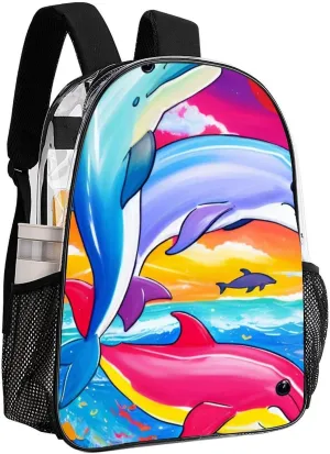 Men Women Transparent Colorful Dolphins Art Daypack Big Capacity Shoulder Bag With Adjustable Shoulder Straps for Camping Travel Walking Cycling