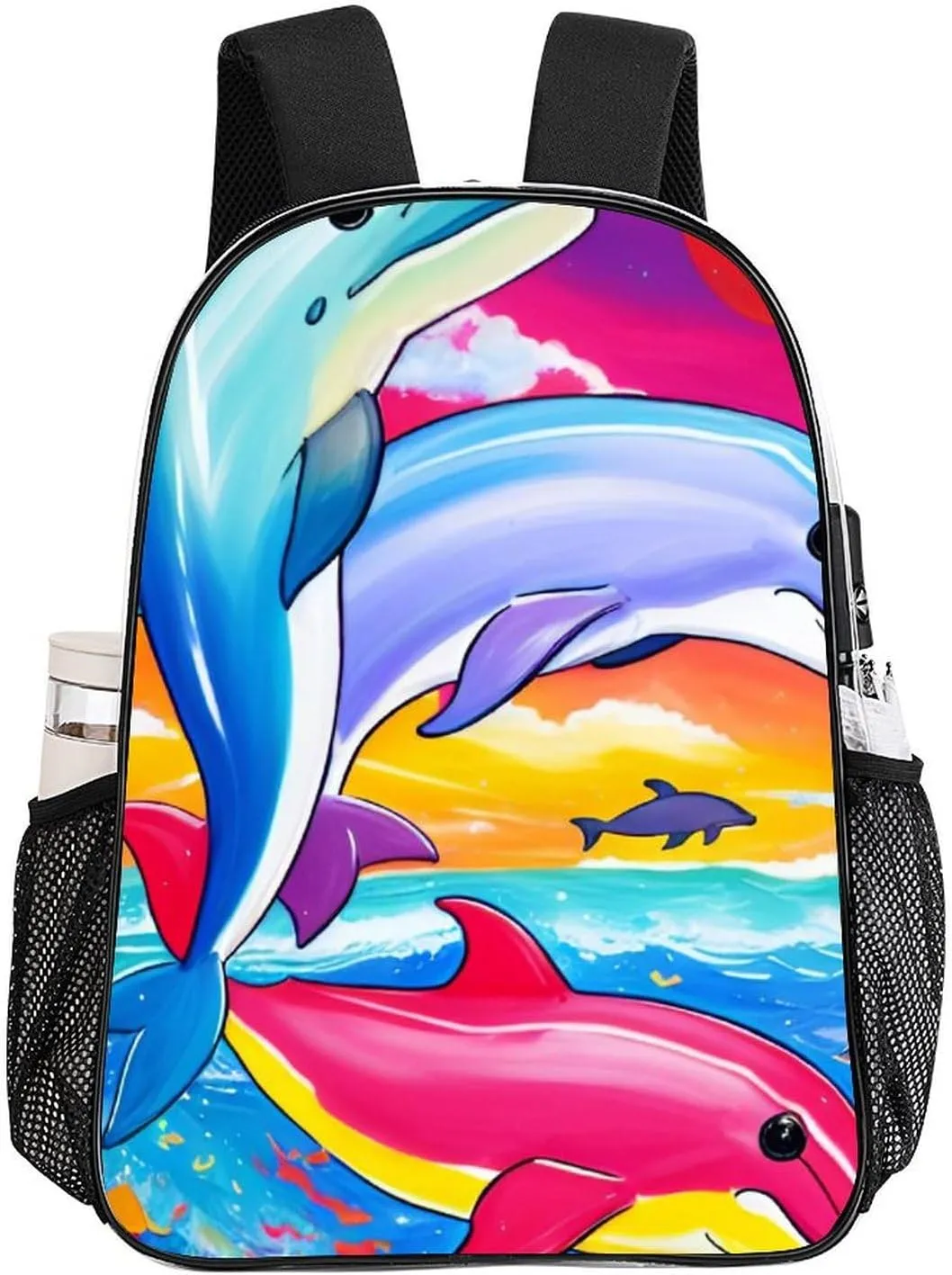 Men Women Transparent Colorful Dolphins Art Daypack Big Capacity Shoulder Bag With Adjustable Shoulder Straps for Camping Travel Walking Cycling