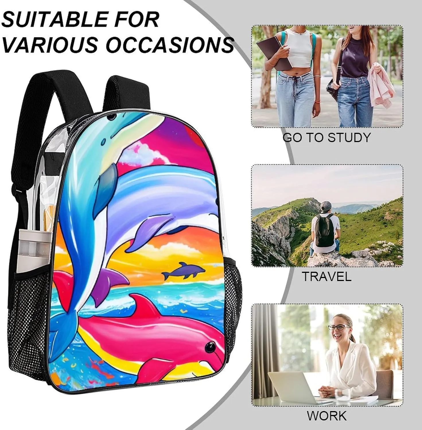 Men Women Transparent Colorful Dolphins Art Daypack Big Capacity Shoulder Bag With Adjustable Shoulder Straps for Camping Travel Walking Cycling