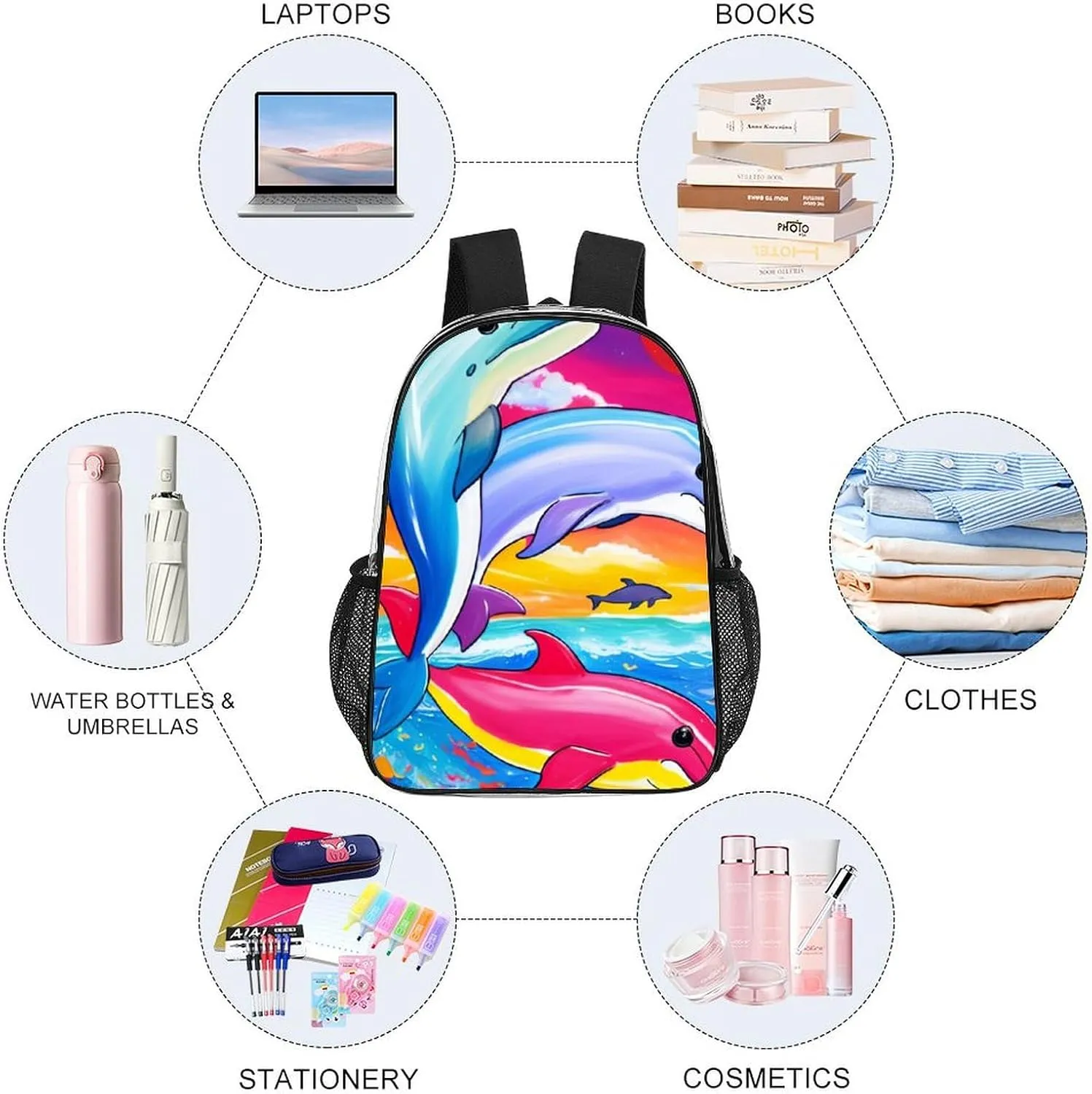 Men Women Transparent Colorful Dolphins Art Daypack Big Capacity Shoulder Bag With Adjustable Shoulder Straps for Camping Travel Walking Cycling