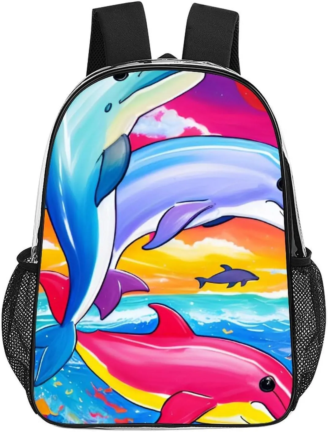Men Women Transparent Colorful Dolphins Art Daypack Big Capacity Shoulder Bag With Adjustable Shoulder Straps for Camping Travel Walking Cycling