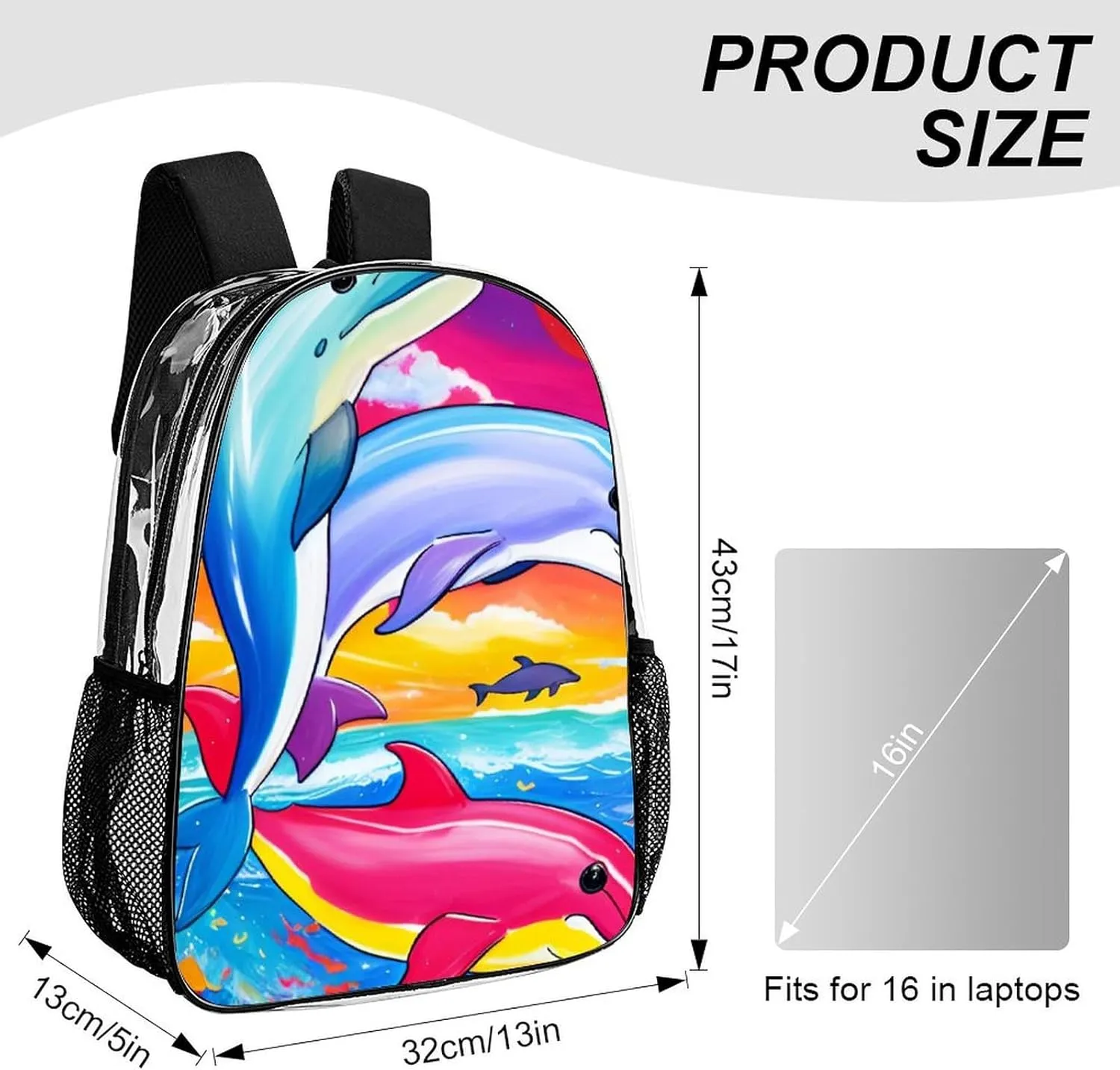 Men Women Transparent Colorful Dolphins Art Daypack Big Capacity Shoulder Bag With Adjustable Shoulder Straps for Camping Travel Walking Cycling