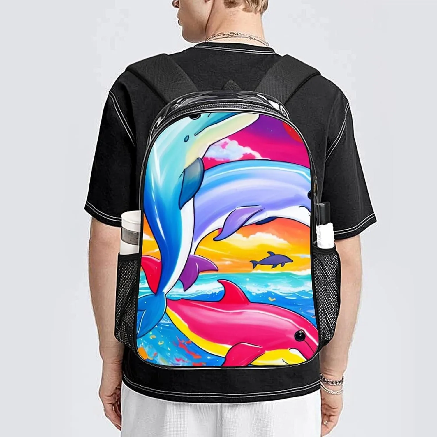 Men Women Transparent Colorful Dolphins Art Daypack Big Capacity Shoulder Bag With Adjustable Shoulder Straps for Camping Travel Walking Cycling