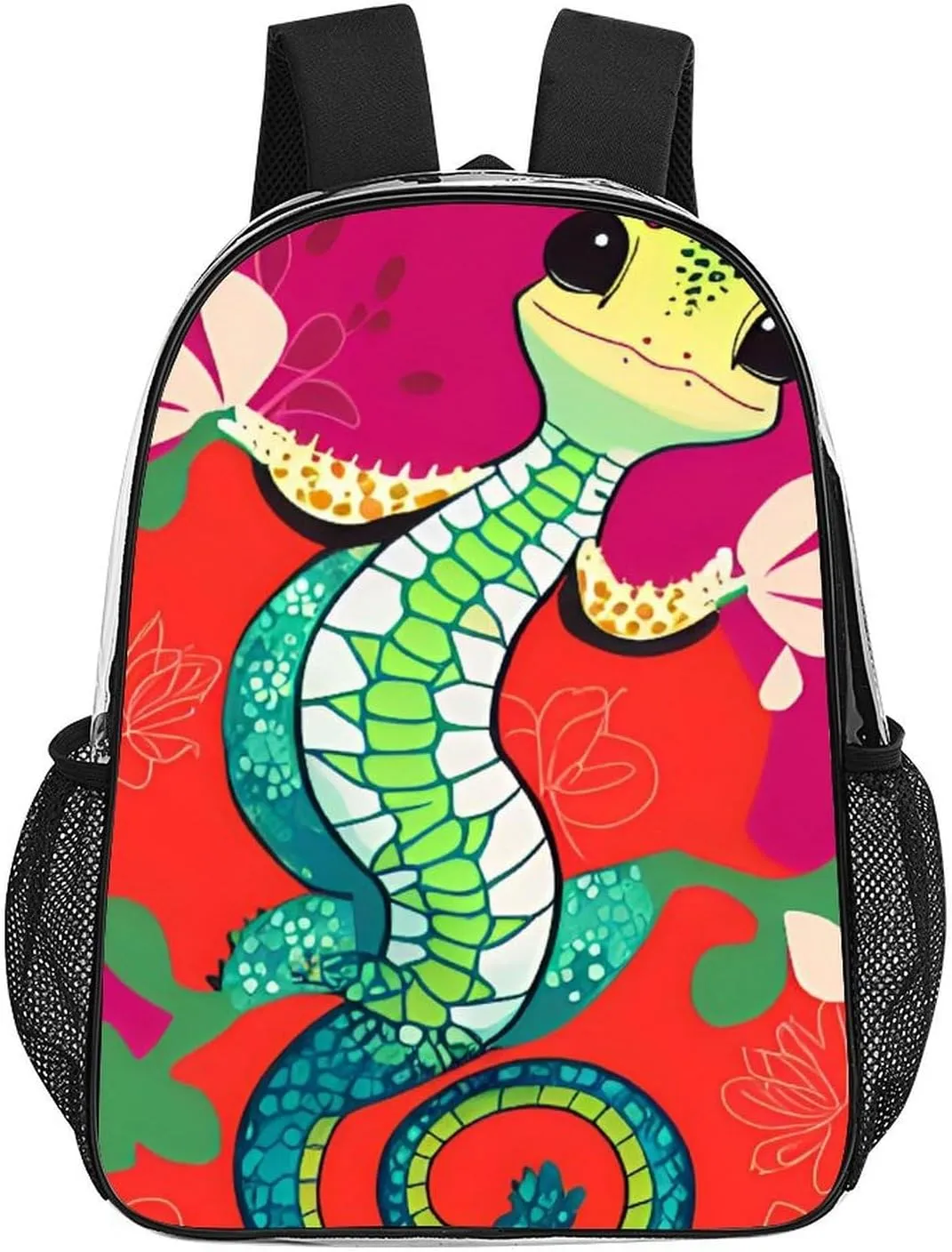 Men Women Transparent Cute Gecko Art Daypack Backpack Large Capacity Carry On Bag With Smooth Zippers for Hiking Picnic Walking Cycling
