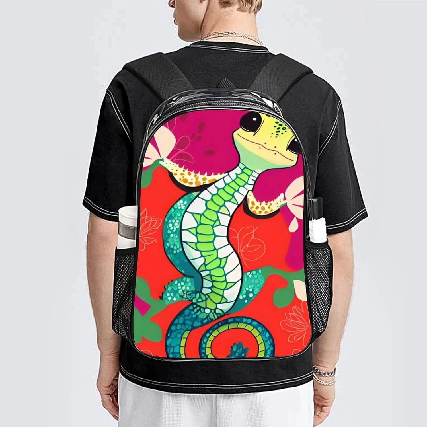 Men Women Transparent Cute Gecko Art Daypack Backpack Large Capacity Carry On Bag With Smooth Zippers for Hiking Picnic Walking Cycling