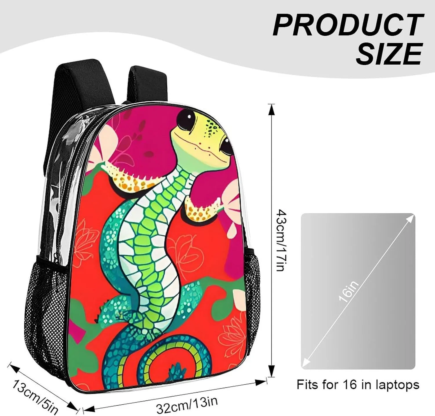 Men Women Transparent Cute Gecko Art Daypack Backpack Large Capacity Carry On Bag With Smooth Zippers for Hiking Picnic Walking Cycling