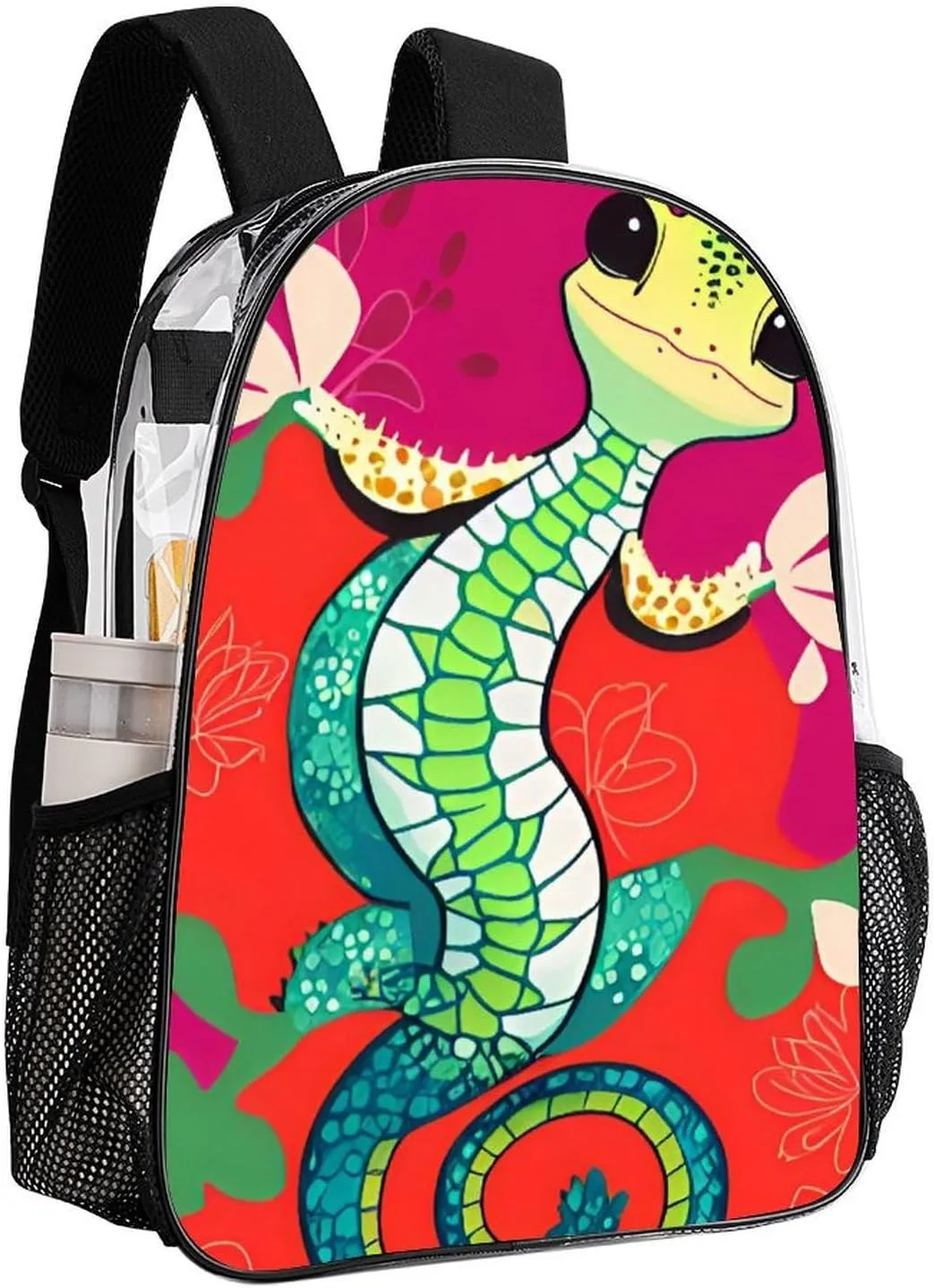 Men Women Transparent Cute Gecko Art Daypack Backpack Large Capacity Carry On Bag With Smooth Zippers for Hiking Picnic Walking Cycling