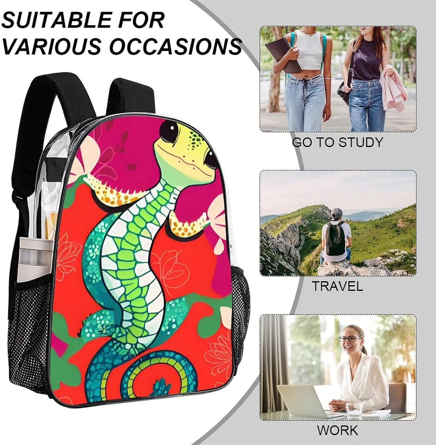 Men Women Transparent Cute Gecko Art Daypack Backpack Large Capacity Carry On Bag With Smooth Zippers for Hiking Picnic Walking Cycling