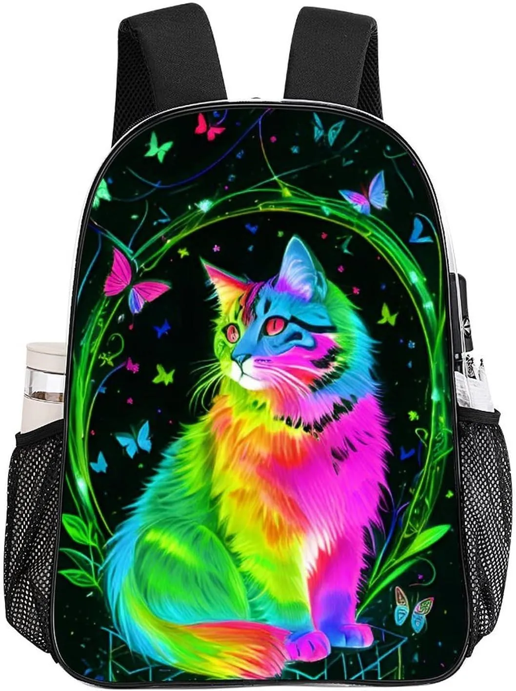 Men Women Transparent Neon Cat Butterfly Art Daypack Backpack Large Capacity Carry On Bag With Smooth Zippers for Hiking Picnic Walking Cycling