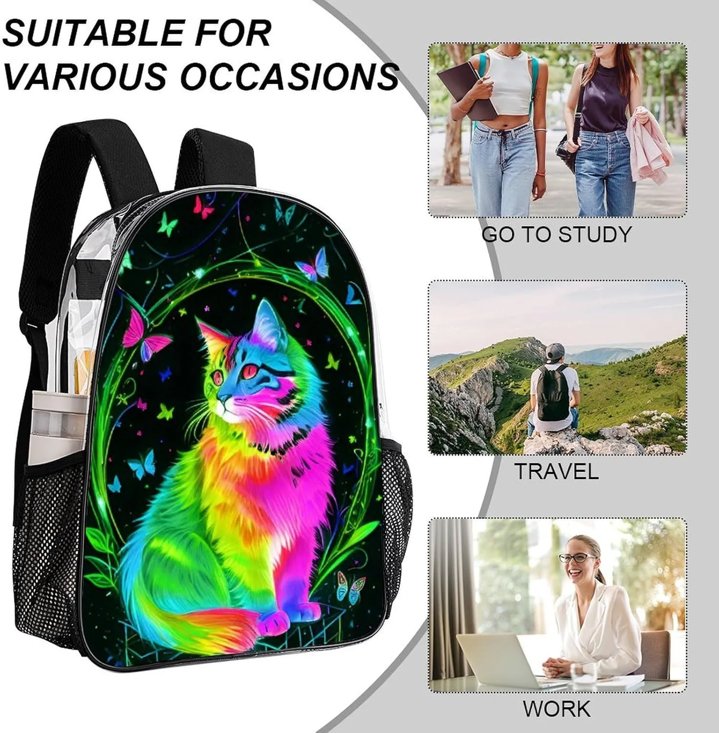 Men Women Transparent Neon Cat Butterfly Art Daypack Backpack Large Capacity Carry On Bag With Smooth Zippers for Hiking Picnic Walking Cycling