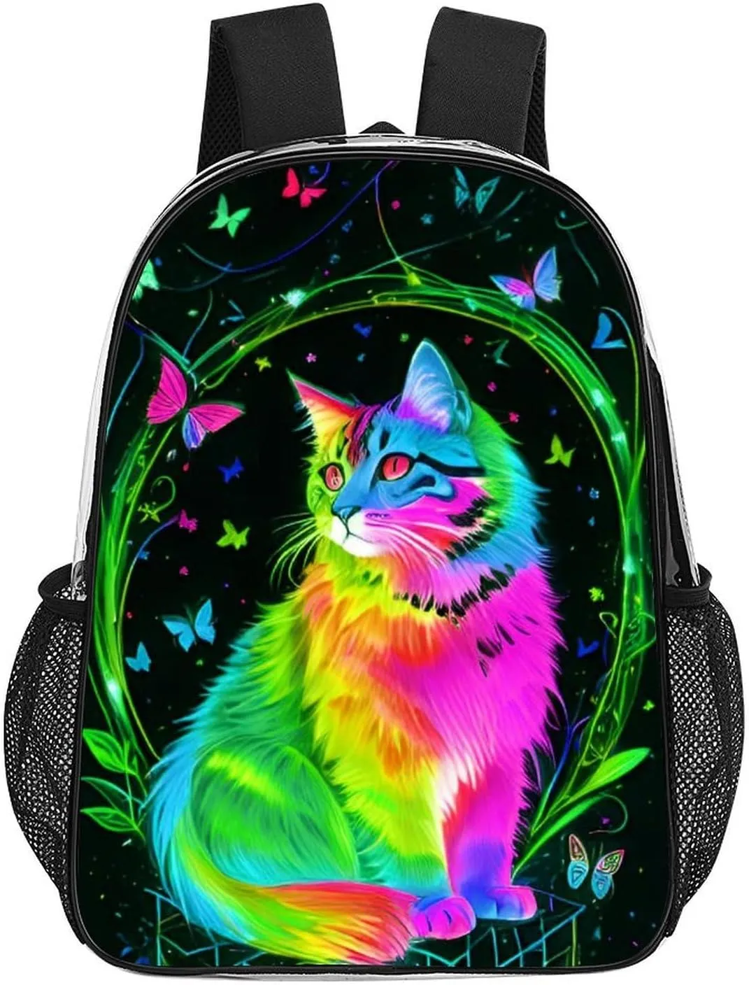 Men Women Transparent Neon Cat Butterfly Art Daypack Backpack Large Capacity Carry On Bag With Smooth Zippers for Hiking Picnic Walking Cycling