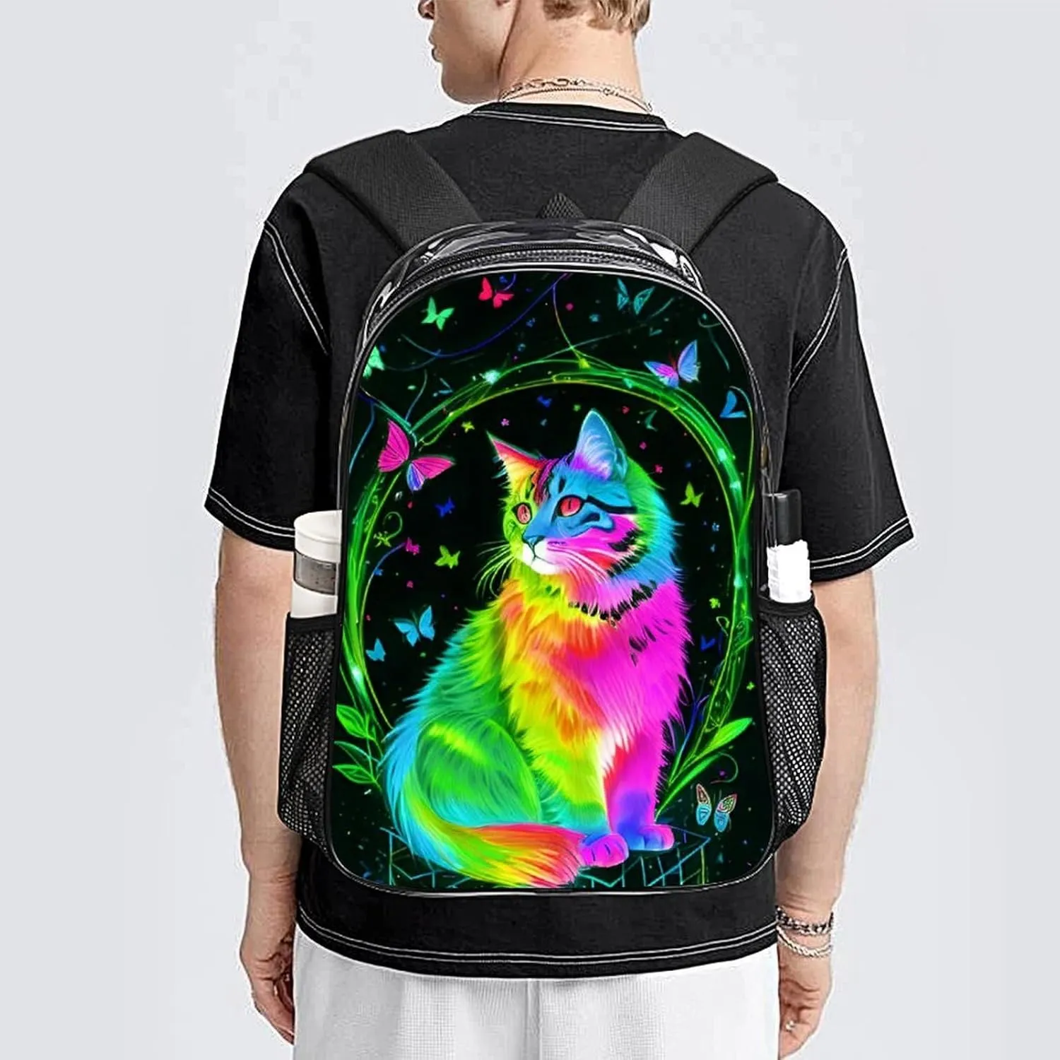 Men Women Transparent Neon Cat Butterfly Art Daypack Backpack Large Capacity Carry On Bag With Smooth Zippers for Hiking Picnic Walking Cycling