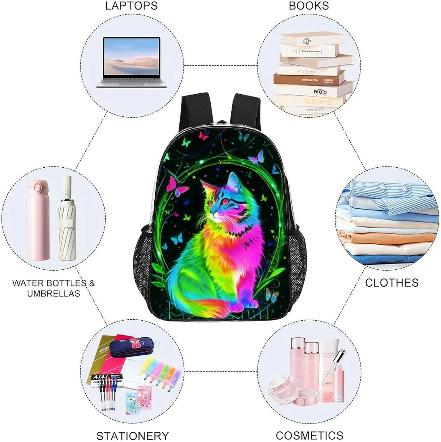 Men Women Transparent Neon Cat Butterfly Art Daypack Backpack Large Capacity Carry On Bag With Smooth Zippers for Hiking Picnic Walking Cycling