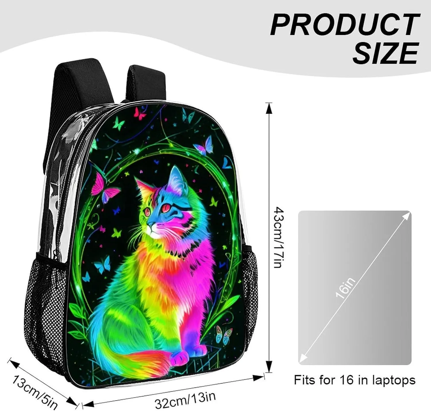 Men Women Transparent Neon Cat Butterfly Art Daypack Backpack Large Capacity Carry On Bag With Smooth Zippers for Hiking Picnic Walking Cycling