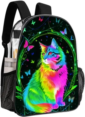 Men Women Transparent Neon Cat Butterfly Art Daypack Backpack Large Capacity Carry On Bag With Smooth Zippers for Hiking Picnic Walking Cycling