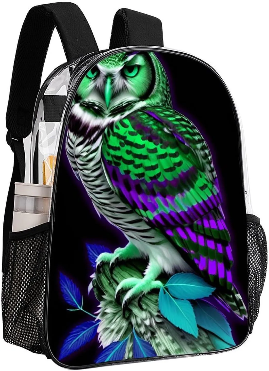 Men Women Transparent Owl Marijuanaweed Art Daypack Backpack Large Capacity Carry On Bag With Smooth Zippers for Hiking Picnic Walking Cycling