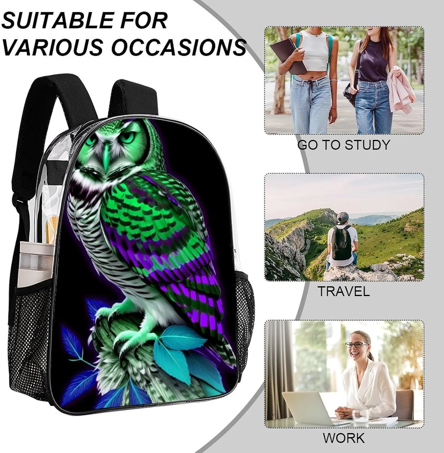 Men Women Transparent Owl Marijuanaweed Art Daypack Backpack Large Capacity Carry On Bag With Smooth Zippers for Hiking Picnic Walking Cycling