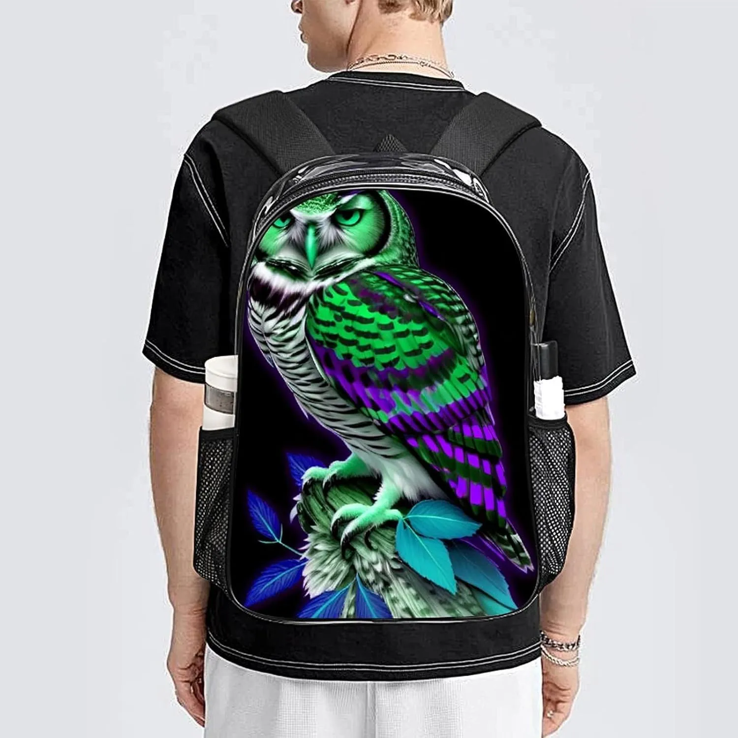 Men Women Transparent Owl Marijuanaweed Art Daypack Backpack Large Capacity Carry On Bag With Smooth Zippers for Hiking Picnic Walking Cycling