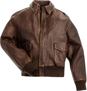 Mens A2 Leather Flight Jacket American Military Pilot Aviator Bomber Leather Coat (Brown, Medium)