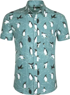 Mens Aloha Hawaiian Shirt Flamingos Penguin Printed Tropical Novelty Casual Short Sleeve Beach Wear