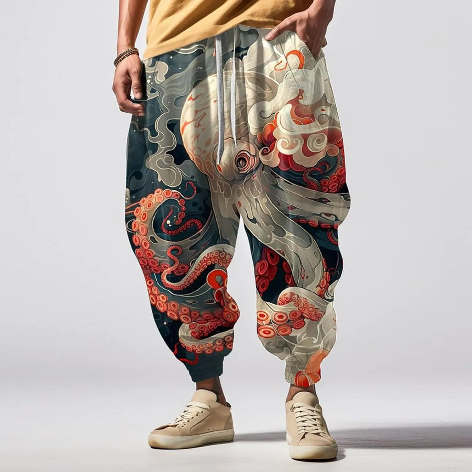 Mens Casual Harem Pants Fashion Street Feel Casual Sweatpants Mens Japanese Art Graphic Printed Casual Pants Linen
