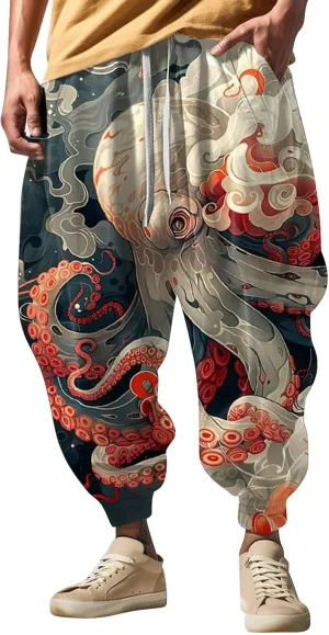 Mens Casual Harem Pants Fashion Street Feel Casual Sweatpants Mens Japanese Art Graphic Printed Casual Pants Linen