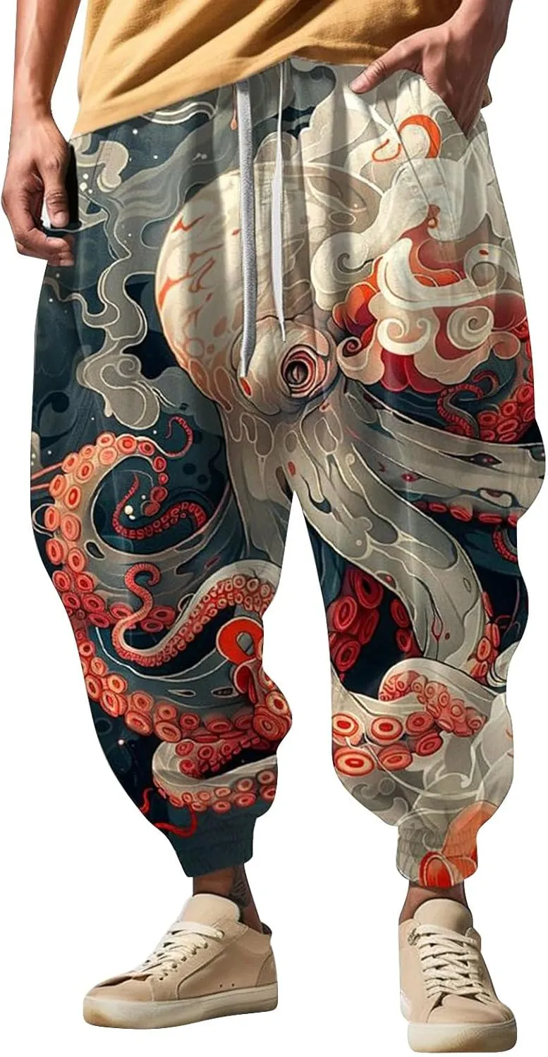 Mens Casual Harem Pants Fashion Street Feel Casual Sweatpants Mens Japanese Art Graphic Printed Casual Pants Linen