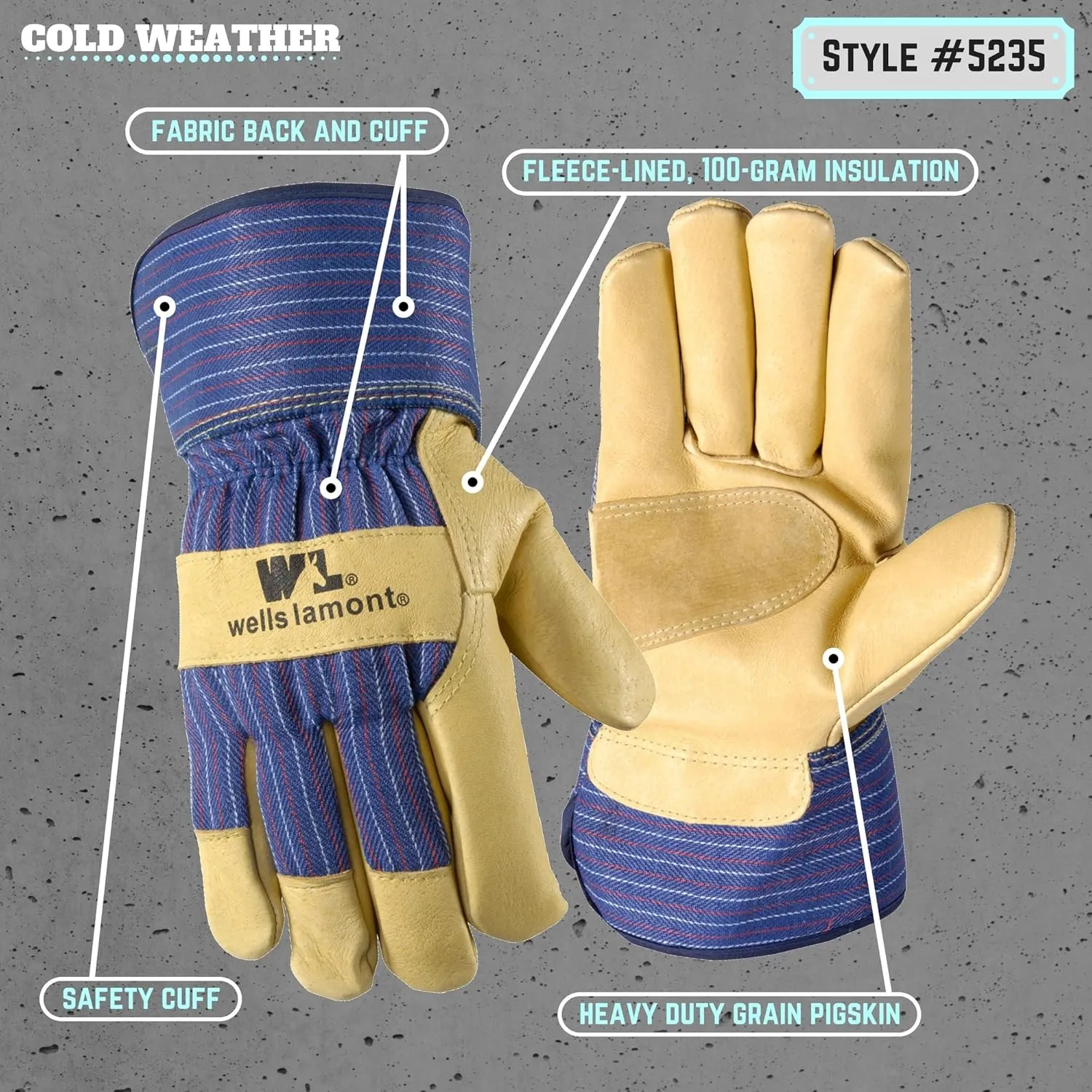 Men's Heavy Duty Leather Palm Thinsulate Winter Work Gloves with Safety Cuff, Large (Wells Lamont 5235L), Palomino