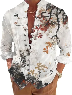 Mens Long Sleeve Shirt Floral Button Down Collared Loose Fit Casual Vintage Hippie Summer Breathable Shirts