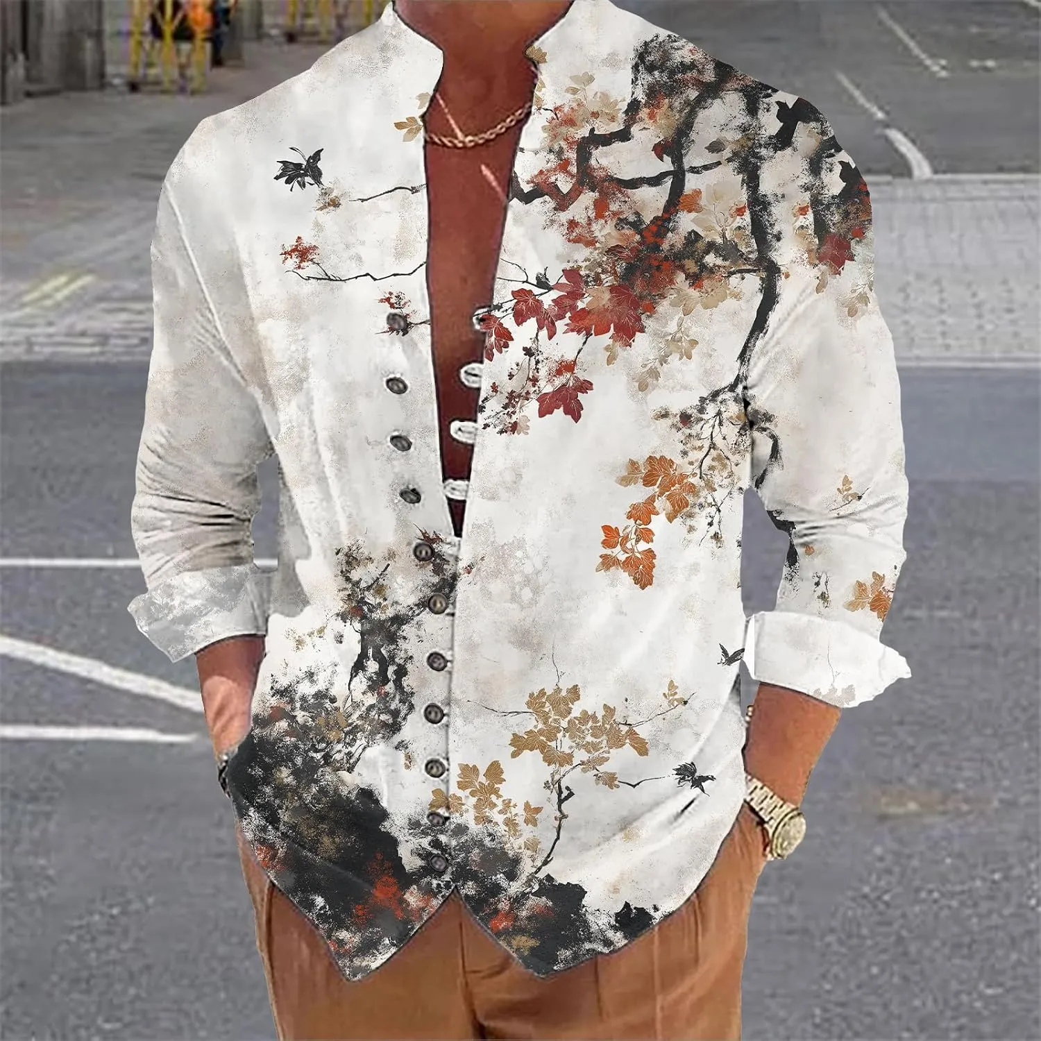 Mens Long Sleeve Shirt Floral Button Down Collared Loose Fit Casual Vintage Hippie Summer Breathable Shirts