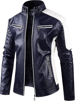Men's Stand Collar PU Motorcycle Jacket Biker Riding Long Sleeve Coat Jackets Faux Zip-Up Slim Armor Leather Outerwear