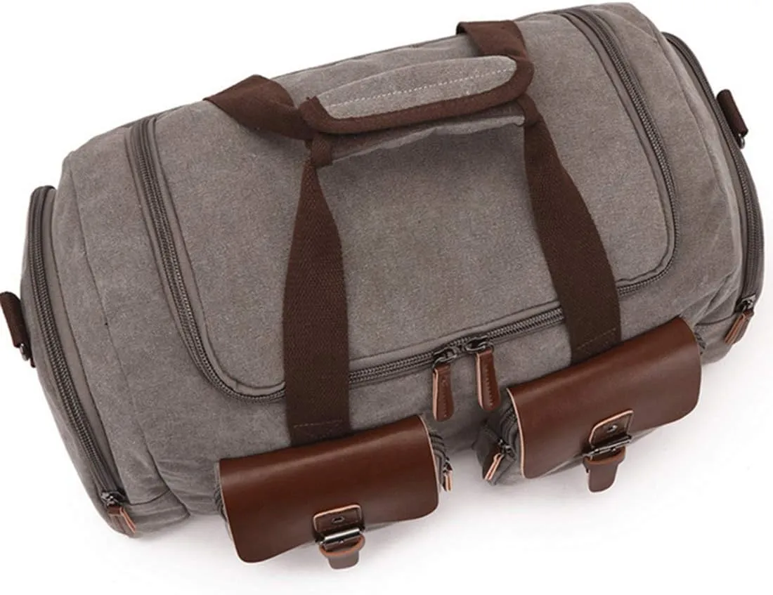 Mens Travel Duffle Bags Leather Canvas Weekend Bag Large Waterproof Overnight Carry on Bag with Shoe Compartment Oversized Tote for Travel Business Sports (Black)