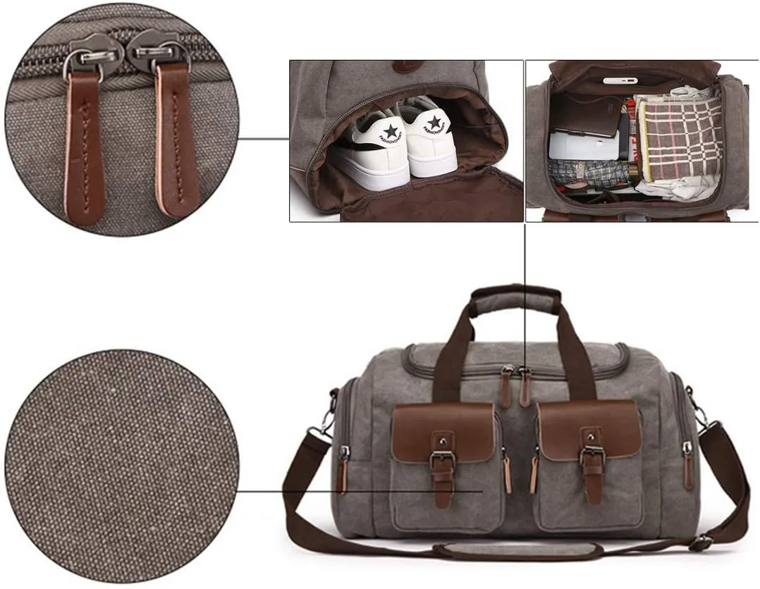 Mens Travel Duffle Bags Leather Canvas Weekend Bag Large Waterproof Overnight Carry on Bag with Shoe Compartment Oversized Tote for Travel Business Sports (Black)