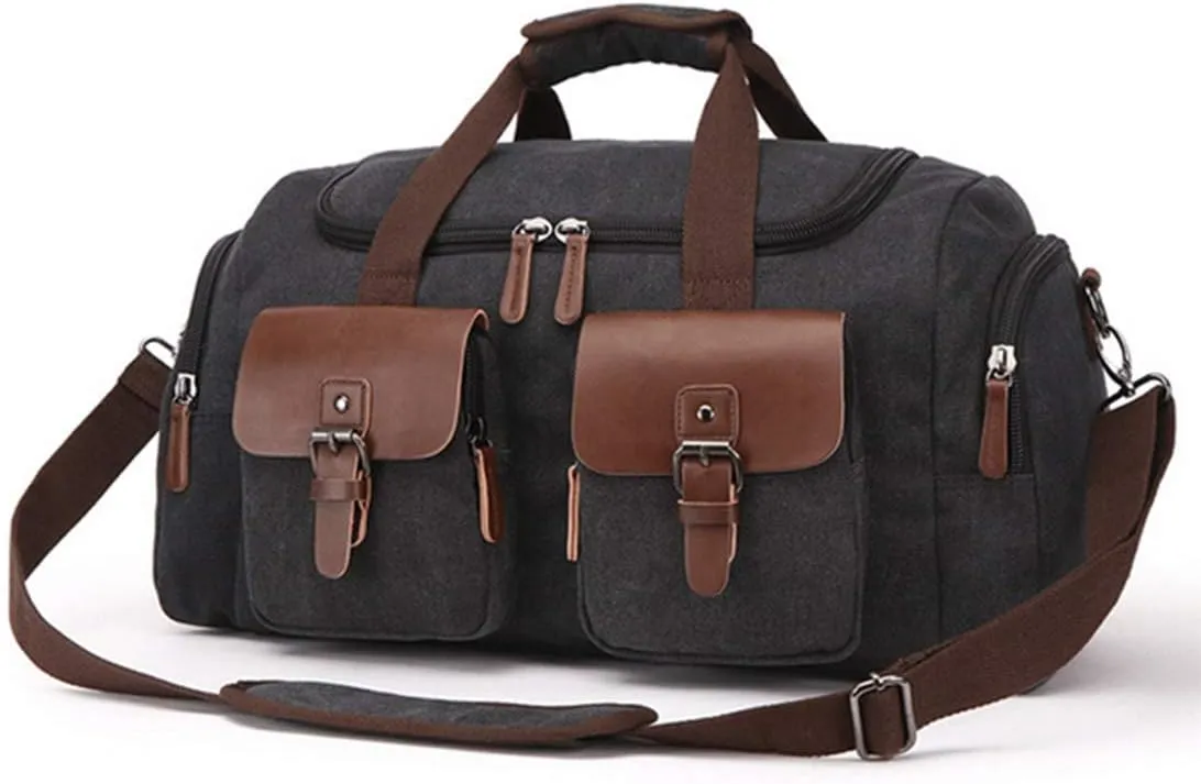 Mens Travel Duffle Bags Leather Canvas Weekend Bag Large Waterproof Overnight Carry on Bag with Shoe Compartment Oversized Tote for Travel Business Sports (Black)