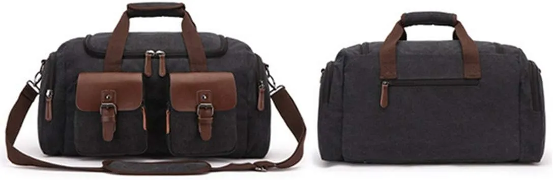 Mens Travel Duffle Bags Leather Canvas Weekend Bag Large Waterproof Overnight Carry on Bag with Shoe Compartment Oversized Tote for Travel Business Sports (Black)