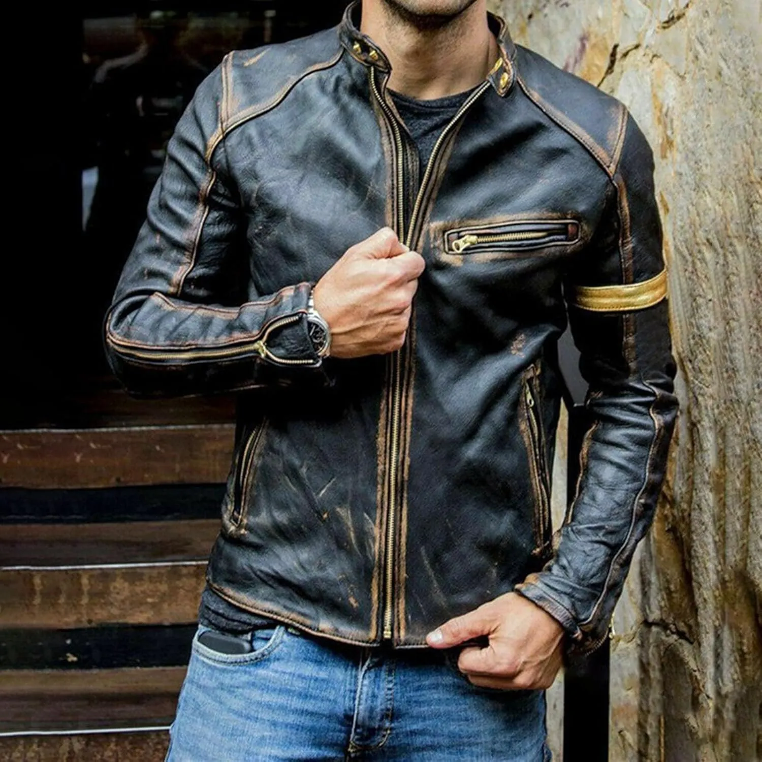 Mens Vintage Cafe Racer Distressed Biker Leather Jacket | Motorcycle Leather Jacket for Men