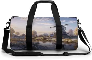 Mens Womens Gym Bag, Landscape with A Traditional Windmill Print Duffle Bags,travel Gym Duffle Bag,garment Duffle Bag,gym Bag with Shoe Compartment