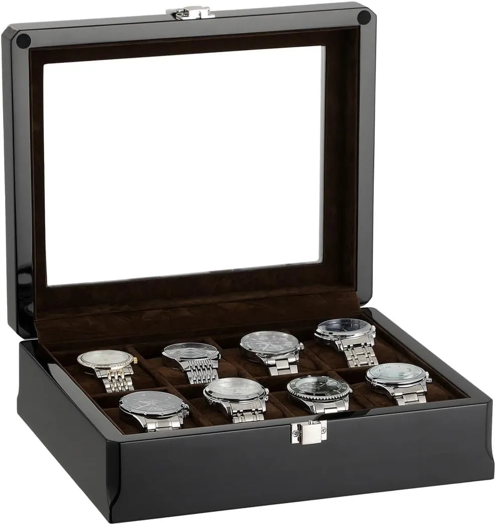 Men’S Wooden Watch Box, 8-Slot Organizer with Glass Top, Elegant Lacquered Wood Display Case, Premium Watch Gift Box for Men, Christmas, Father’S Day Present