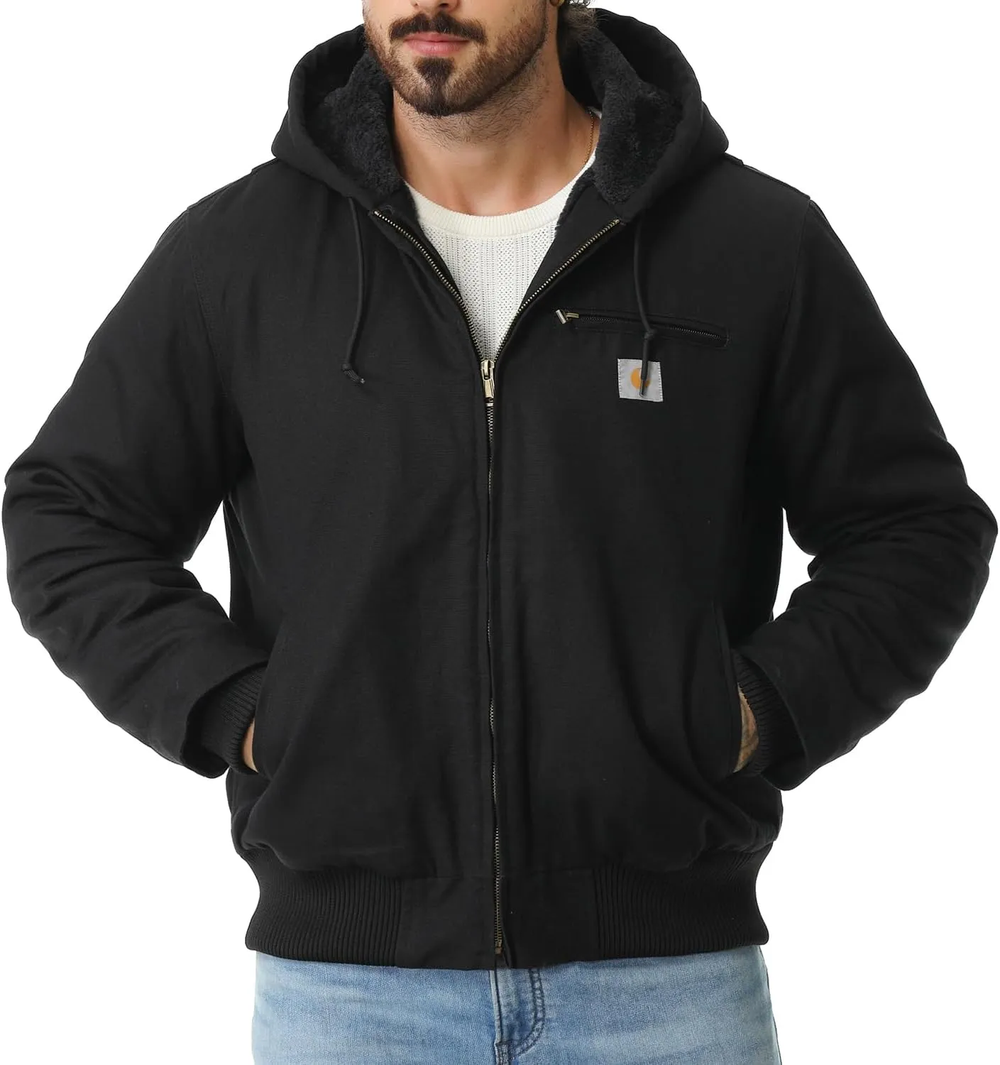 Men's Work Coat Washed Duck Fleece Lined Waterproof Workwear Fit Relaxed Winter Hooded Active Jacket