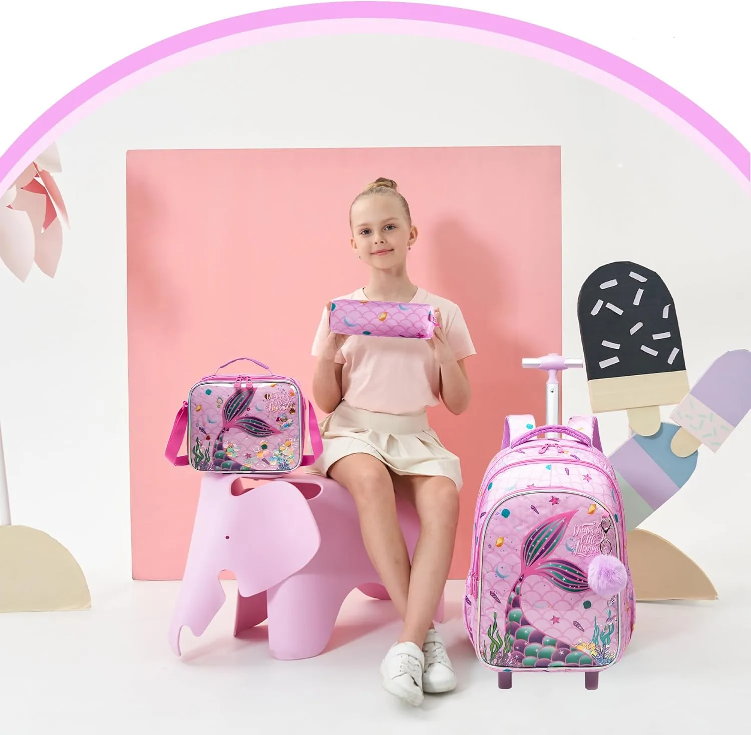 Mermaid Rolling Backpack for Girls School Backpack with wheels Travel Backpack Suitcases with Wheels Kids Backpack with Lunch Box for Elementary Primary Students